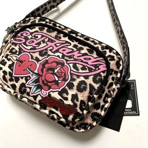 Ed Hardy Tattoo Crossbody Bag Leopard Animal Print Punk Rock Brown Rose Heart